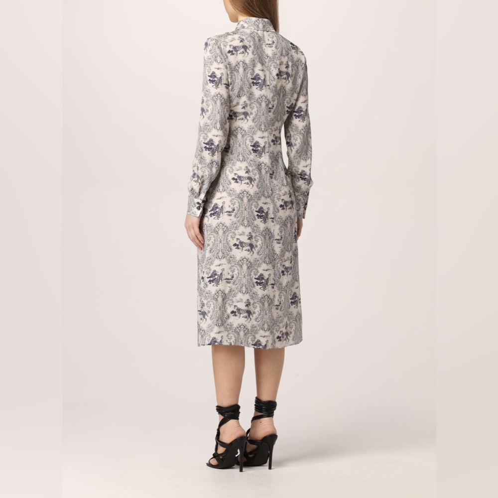 PINKO White Blue Panther Print Long Sleeve Midi Dress - Picture 6 of 16
